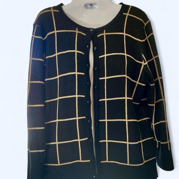 Cable & Gauge Sweaters - Cable & Gauge Black Cardigan with Gold Grid Pattern M